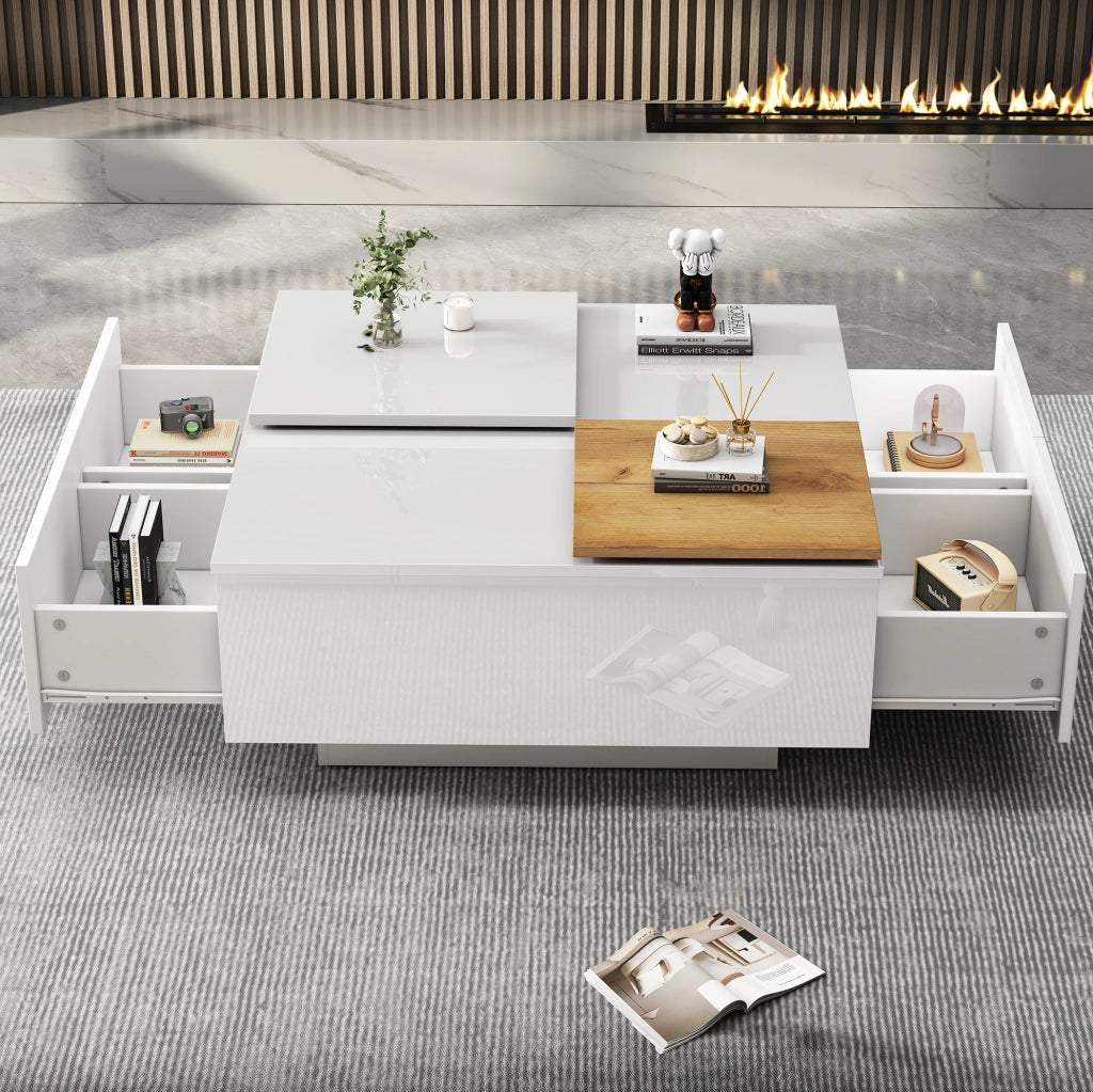 Tavolino da caffè 75x75x33.5 cm con 4 cassetti nascosti; piano lucido in pannello truciolare bianco
