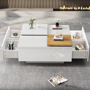Tavolino da caffè 75x75x33.5 cm con 4 cassetti nascosti; piano lucido in pannello truciolare bianco