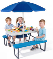Tavolo da Picnic per Bambini, Set Tavolo e Panche da Giardino con Ombrellone Regolabile in Altezza, Struttura in Metallo e Borsa per Campeggio e Picnic per Bambini 3-8 Anni