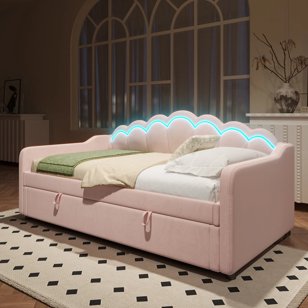 Letto singolo imbottito in velluto rosa con contenitore e LED