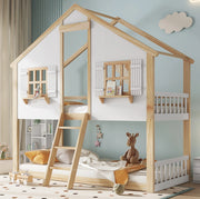 Letto a castello 90x200 cm con scala inclinata; finestre e tetto in pino e MDF bianco naturale