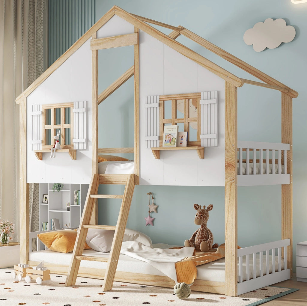 Letto a castello 90x200 cm con scala inclinata; finestre e tetto in pino e MDF bianco naturale
