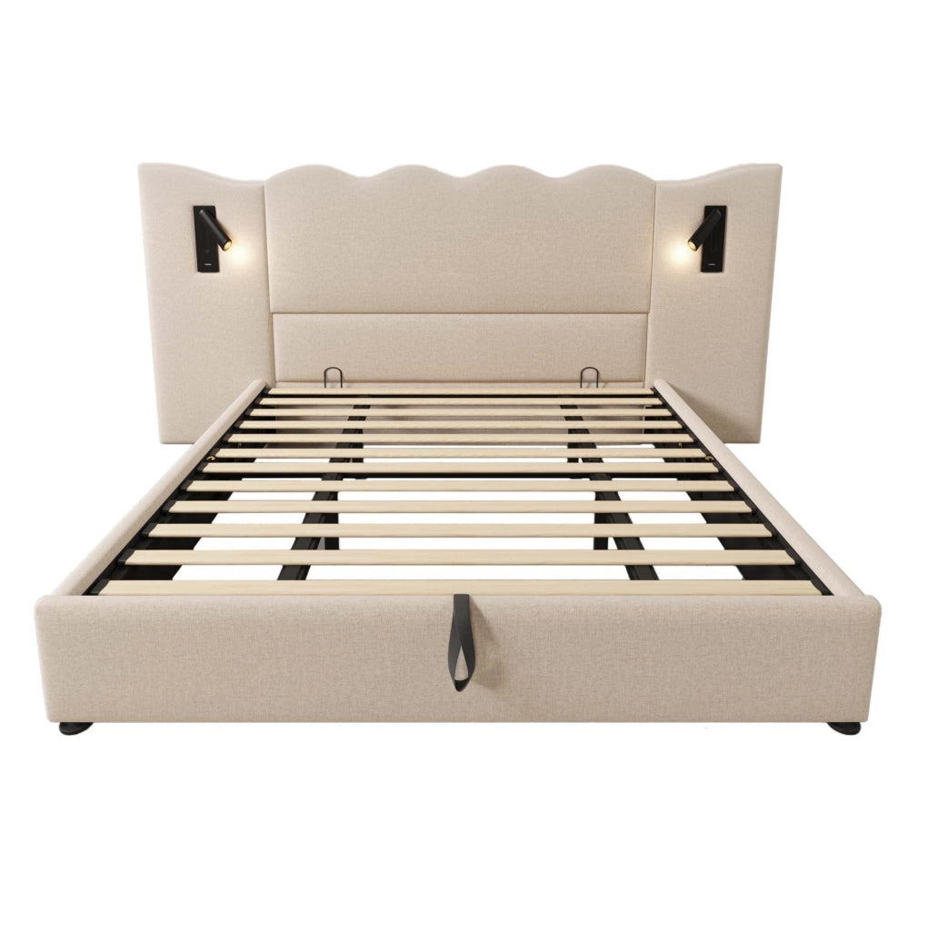 Letto matrimoniale imbottito 180x200 cm in lino beige con lampada da lettura e porta USB/Type-C; contenitore