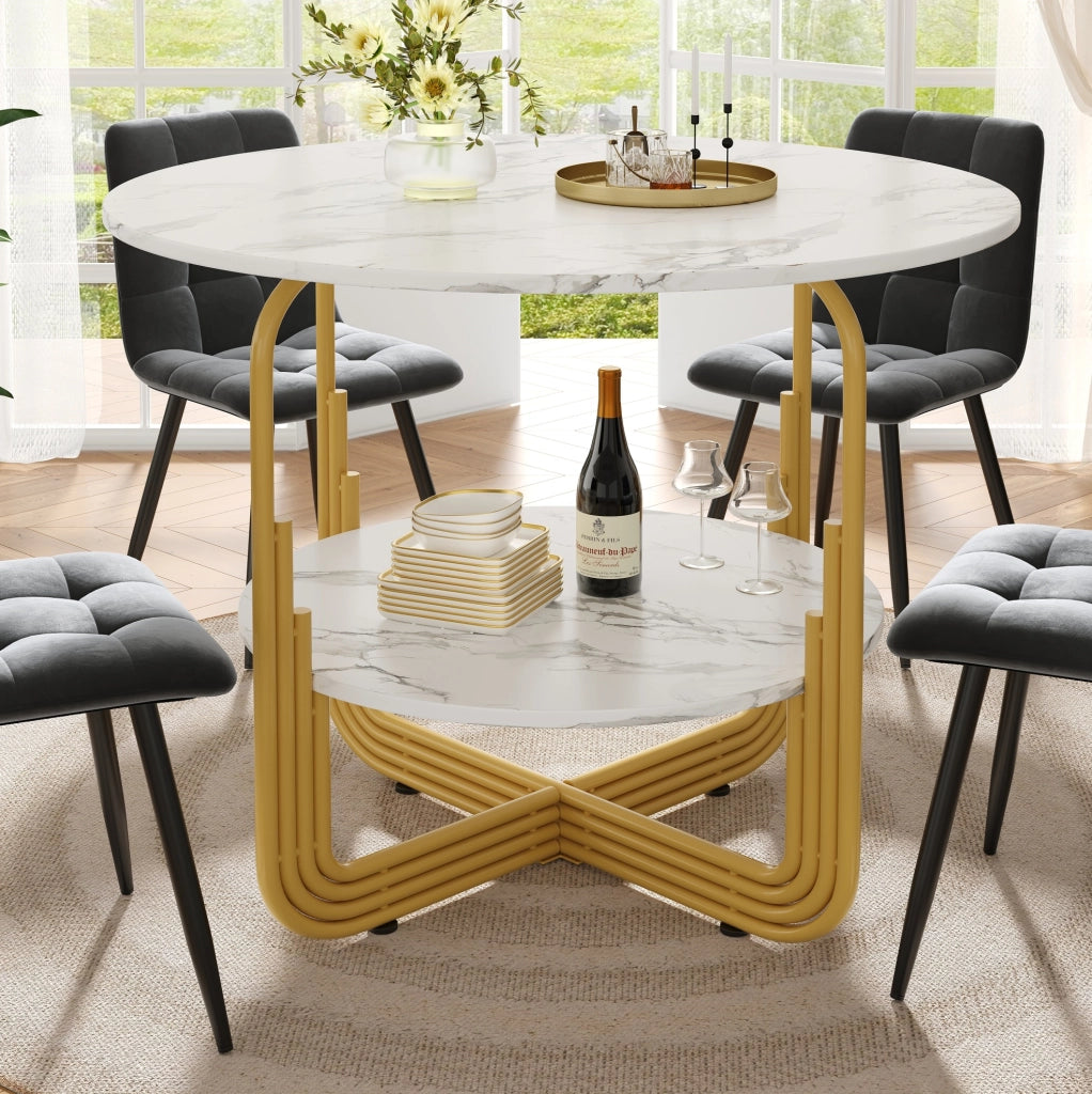 Tavolo da pranzo rotondo 80x80x76 cm in MDF effetto marmo; colore oro