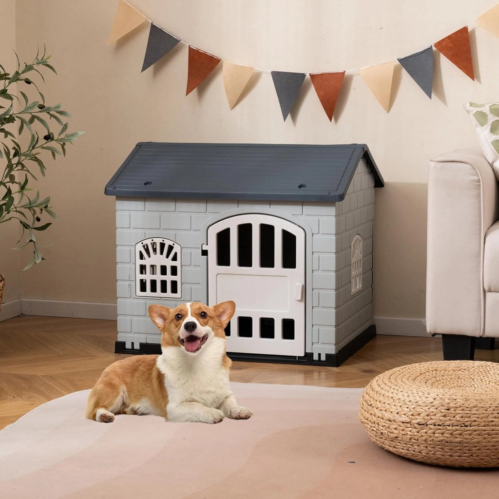 Cuccia per Cani da Esterno ed Interno, Cassetta per Cani con Porta Bloccabile, 3 Finestre e Tetto Inclinato, Cucce per Cagnolino in Plastica Impermeabile (Grigio)