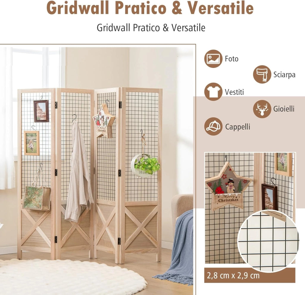 Paravento a 4 Pannelli, Separé Divisorio Interno Pieghevole, Pannelli Divisori a Griglia in Legno per Casa, Ufficio, Fiera dell'Artigianato, Vendita al Dettaglio, Eventi