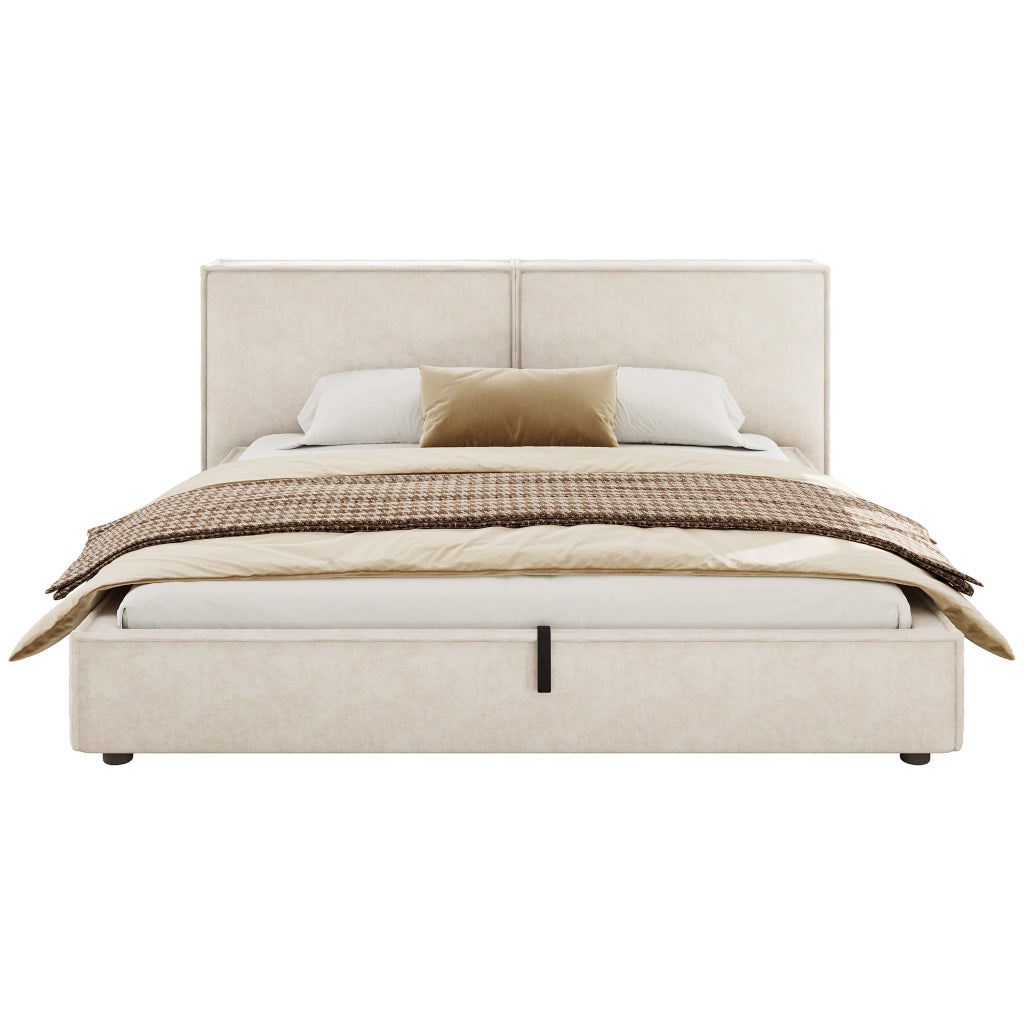 Letto matrimoniale 180x200 cm con contenitore idraulico, rete a doghe, testiera imbottita in Chenille beige