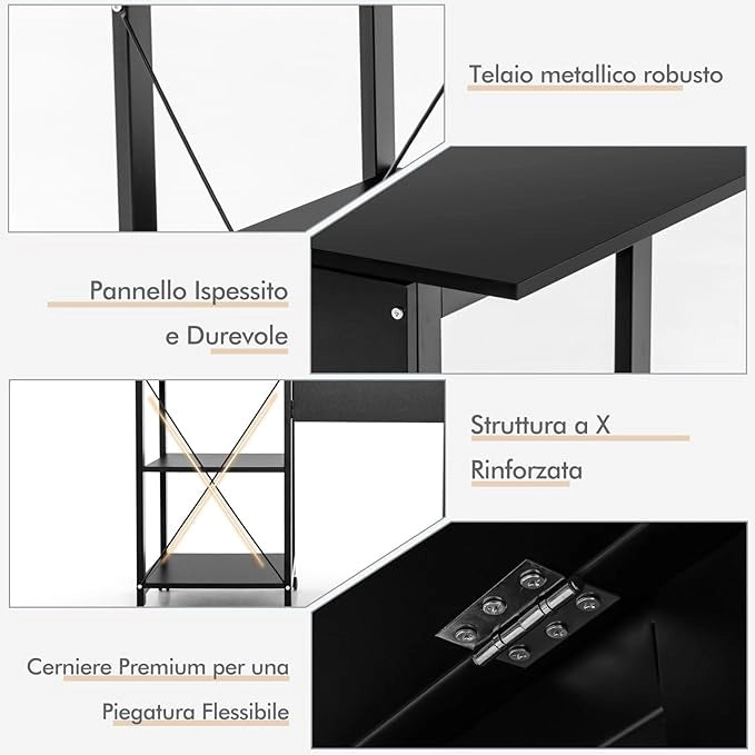 Scrivania Pieghevole per Computer, Scrivania Moderna con 2 Mensole, Postazione di Lavoro per PC con 6 Ruote, Scrivania Compatta Salva Spazio per Casa Ufficio, Marrone (Nero)
