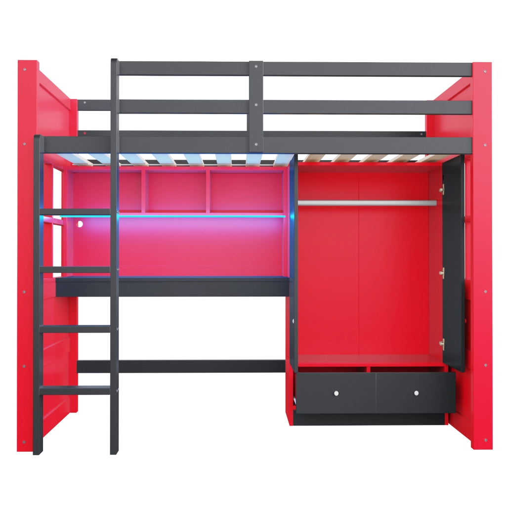 Letto a soppalco 90x200 cm con LED; prese e armadio in legno nero e rosso