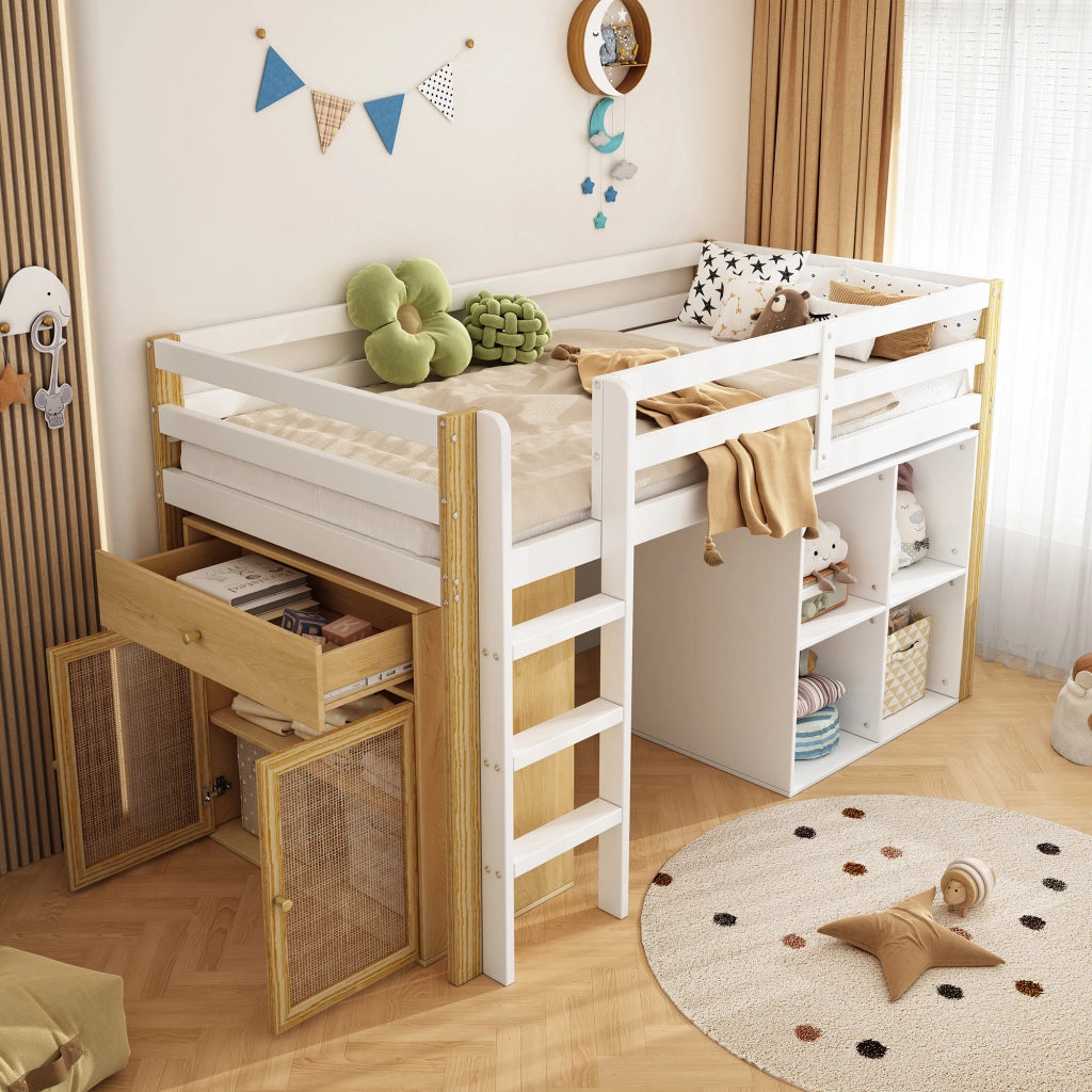 Letto a castello con scaletta 90x200 cm in legno massello bianco naturale