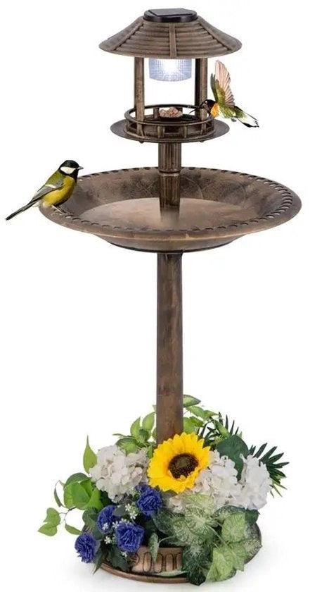 Vogelbad con illuminazione solare, ciotola per cibo e ciotola per piante su base, in bronzo