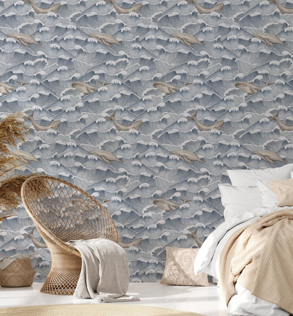 Carta da Parati Mare Vintage con Onde e Balene Carta Vegana 250x200cm 5,5mq 