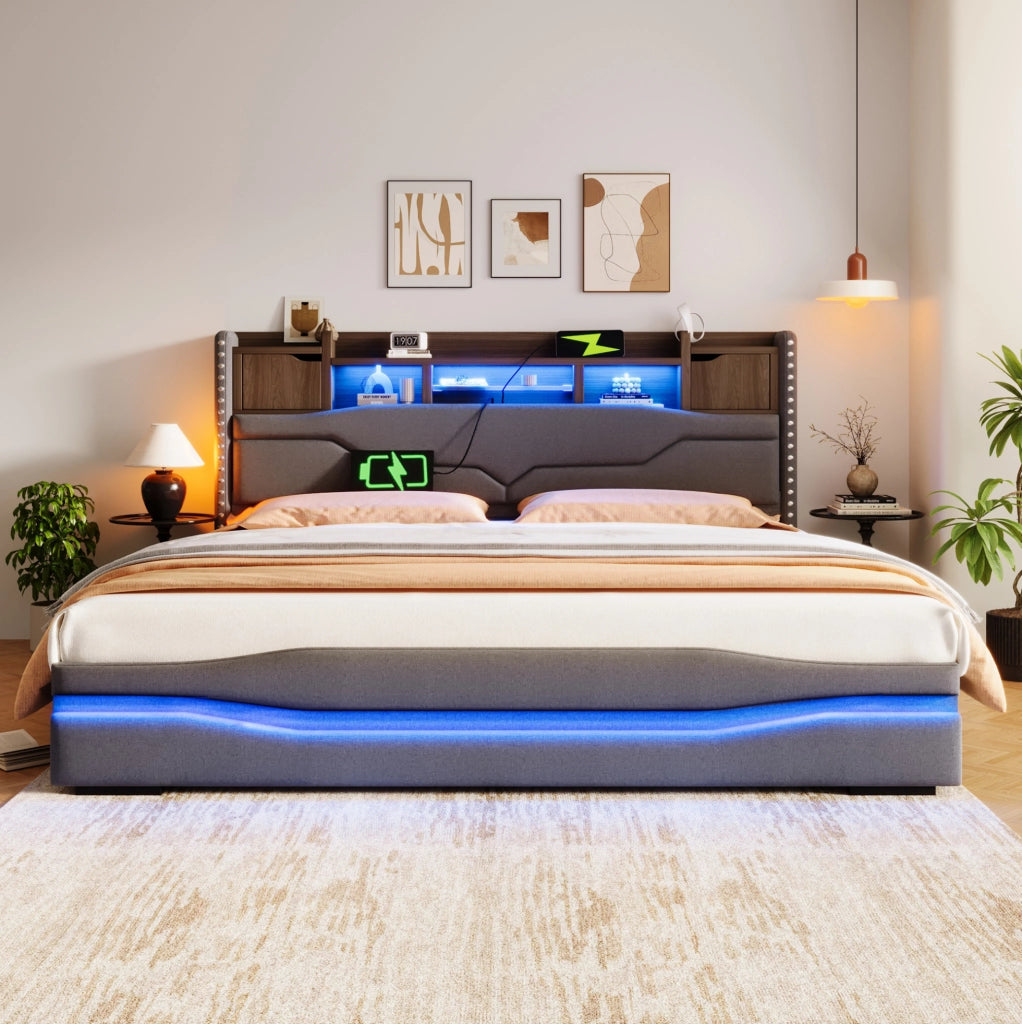 Letto imbottito 180x200 cm con contenitore idraulico; LED e prese USB; grigio