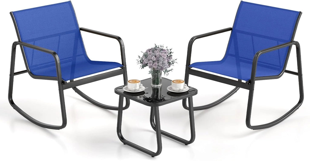 Set Bistrò 3 Pezzi, Sedie a Dondolo Ergonomiche in Textilene, Tavolino in Vetro Temperato, Struttura in Metallo, per Balcone, Giardino e Terrazzo (Nero)