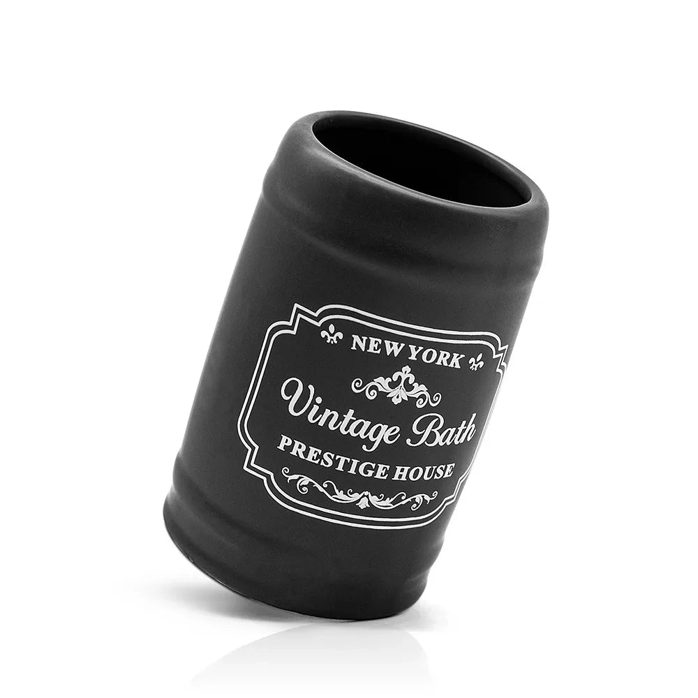 Set accessori bagno dispenser sapone e portaspazzolini in ceramica nera vintage