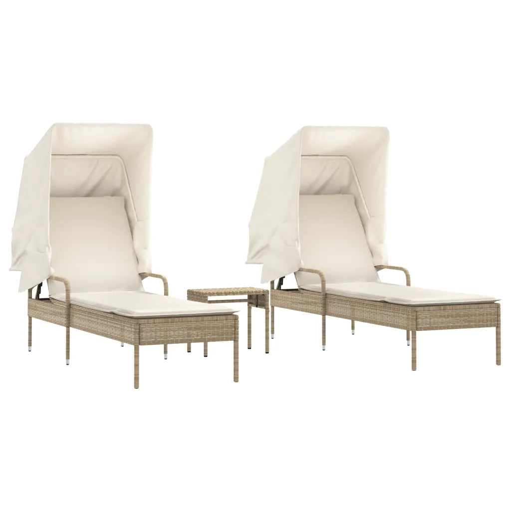 Lettini Prendisole 2 pz con Baldacchino e Tavolino Polyrattan 3261573