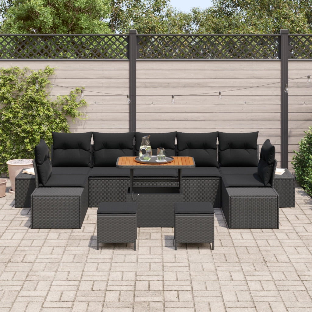 Set Divano da Giardino  10 Pezzi con Cuscini in Rattan Nero e Acacia