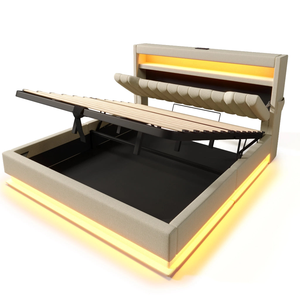 Letto imbottito 140x200 cm con contenitore; LED; USB e Type-C; beige; con materasso