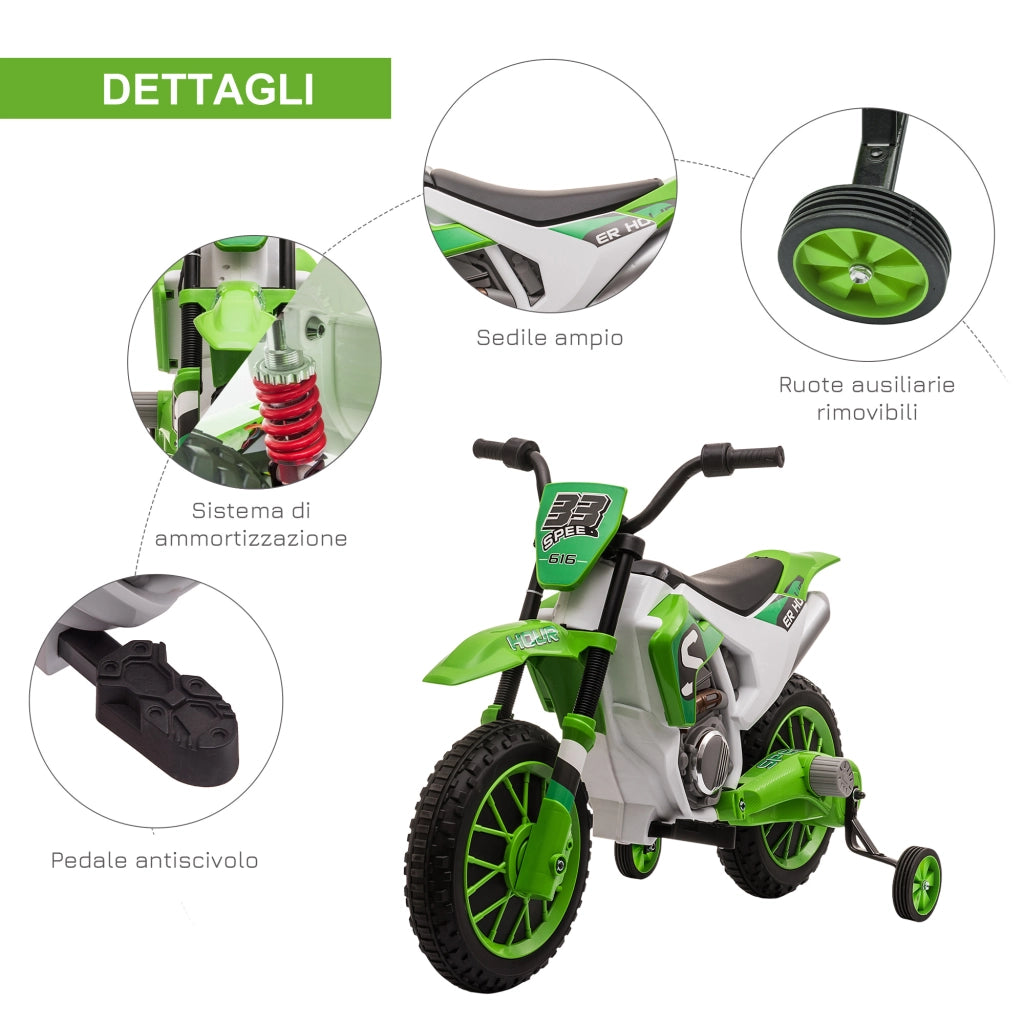 EasyComfort Moto da Cross Elettrica per Bambini con Rotelle, in PP e Metallo, 106.5x51.5x68 cm, Verde