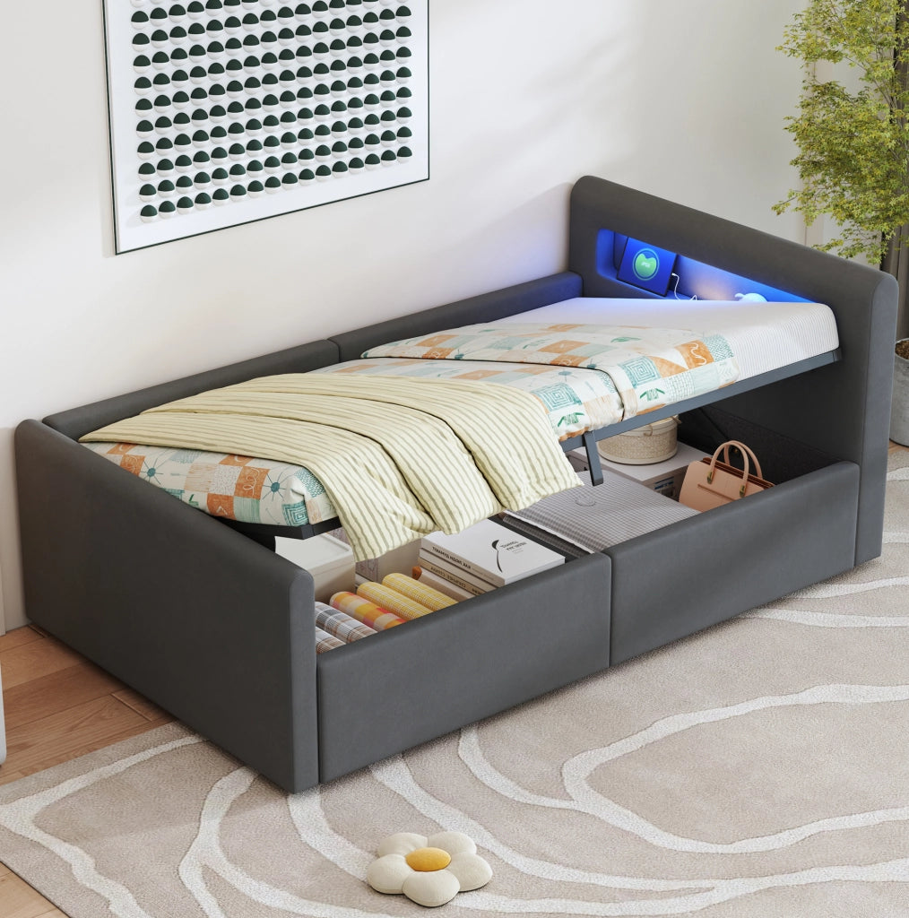 Letto imbottito bambini 90x200 cm in velluto grigio con LED; USB e contenitore