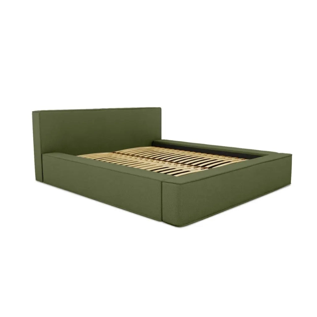Letto contenitore VELORA – Olive bouclé – 180x200 cm – Tessuto velluto morbido – Rete sollevabile – Contenitore integrato