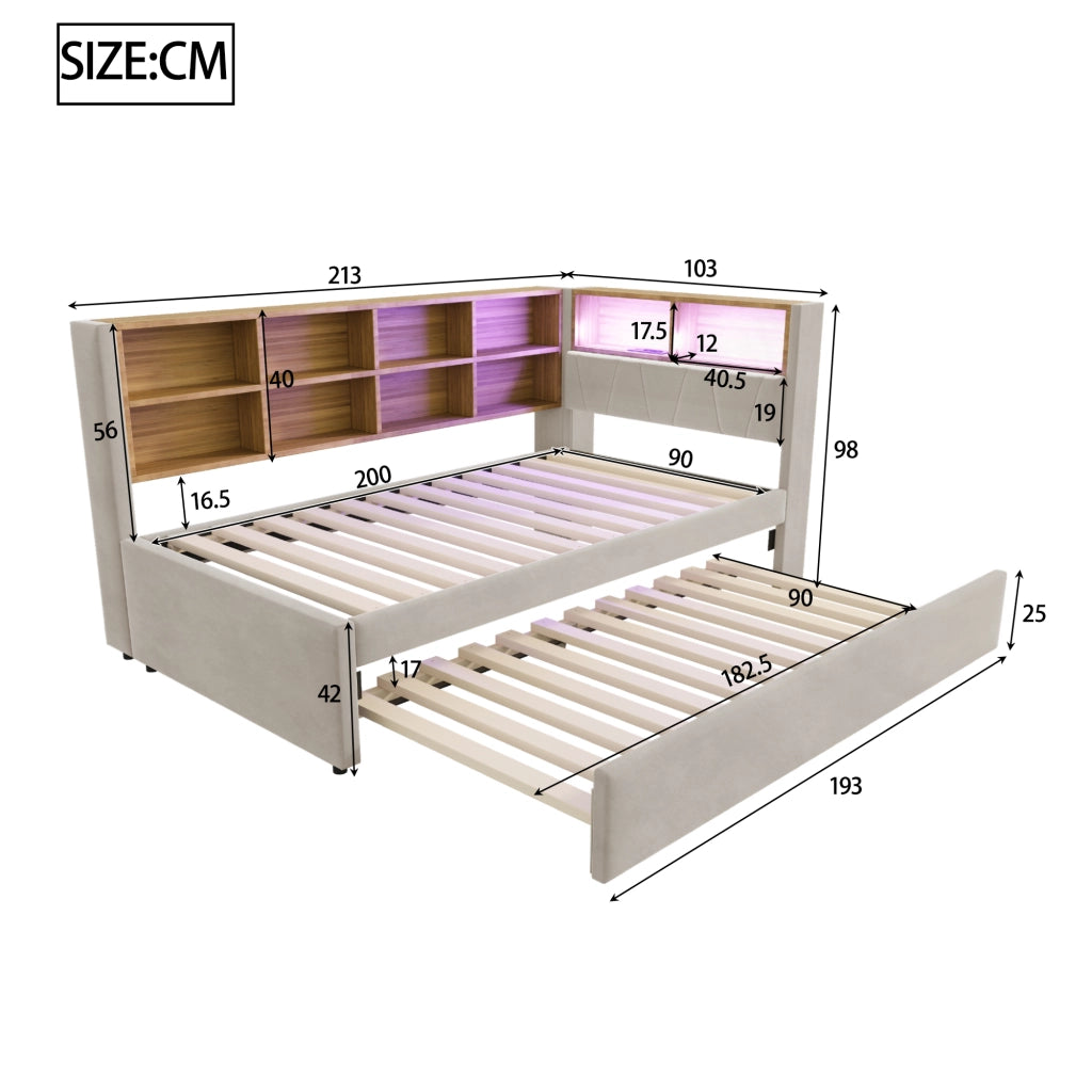 OKWISH Letto Divano 90×200 cm, Letto Singolo con Letto Estraibile 90×190 cm, LED, USB, Tipo C e Presa, senza Materasso, Grigio Chiaro
