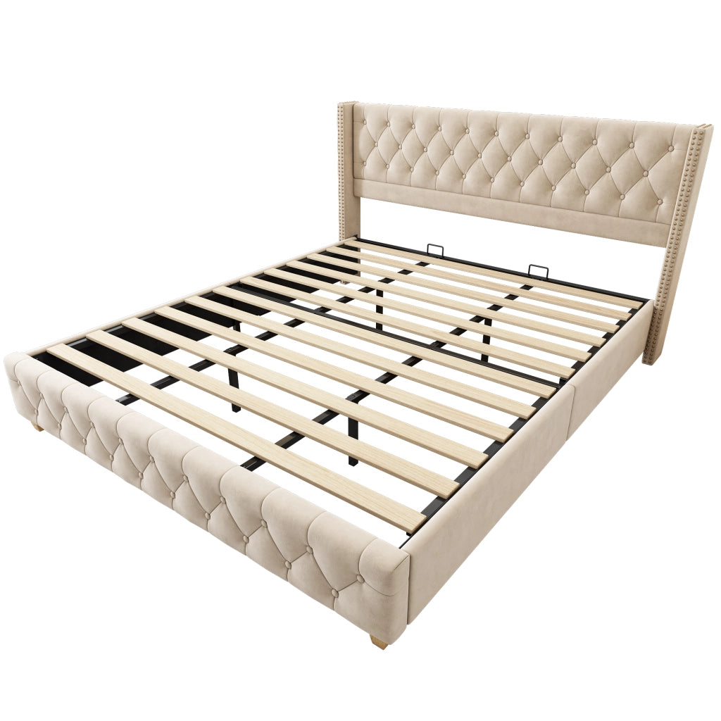 Letto Imbottito 180×200 cm; Letto Matrimoniale con Testiera e Pediera Trapuntate; senza Materasso; Velluto; Beige Chiaro