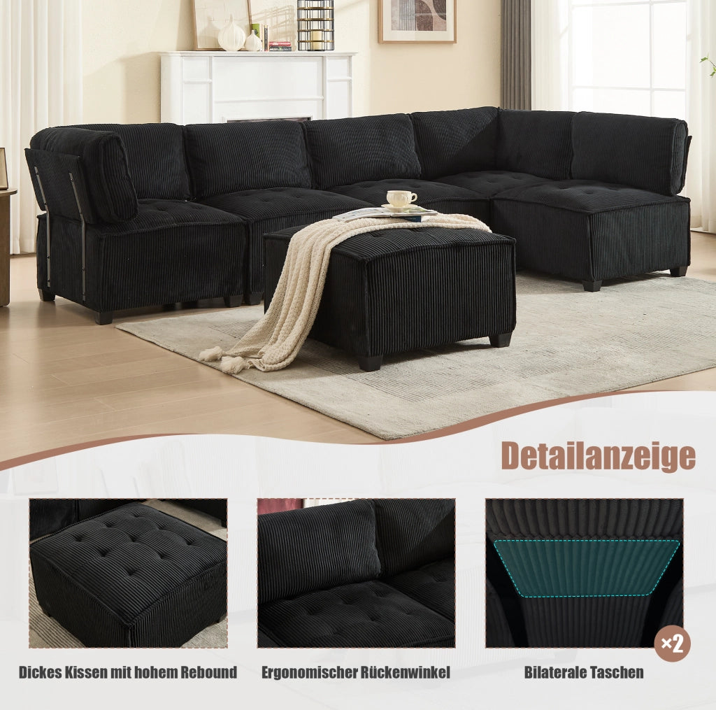 Divano modulare 6 posti 308 cm; velluto a coste nero; configurazione U/L e funzione letto