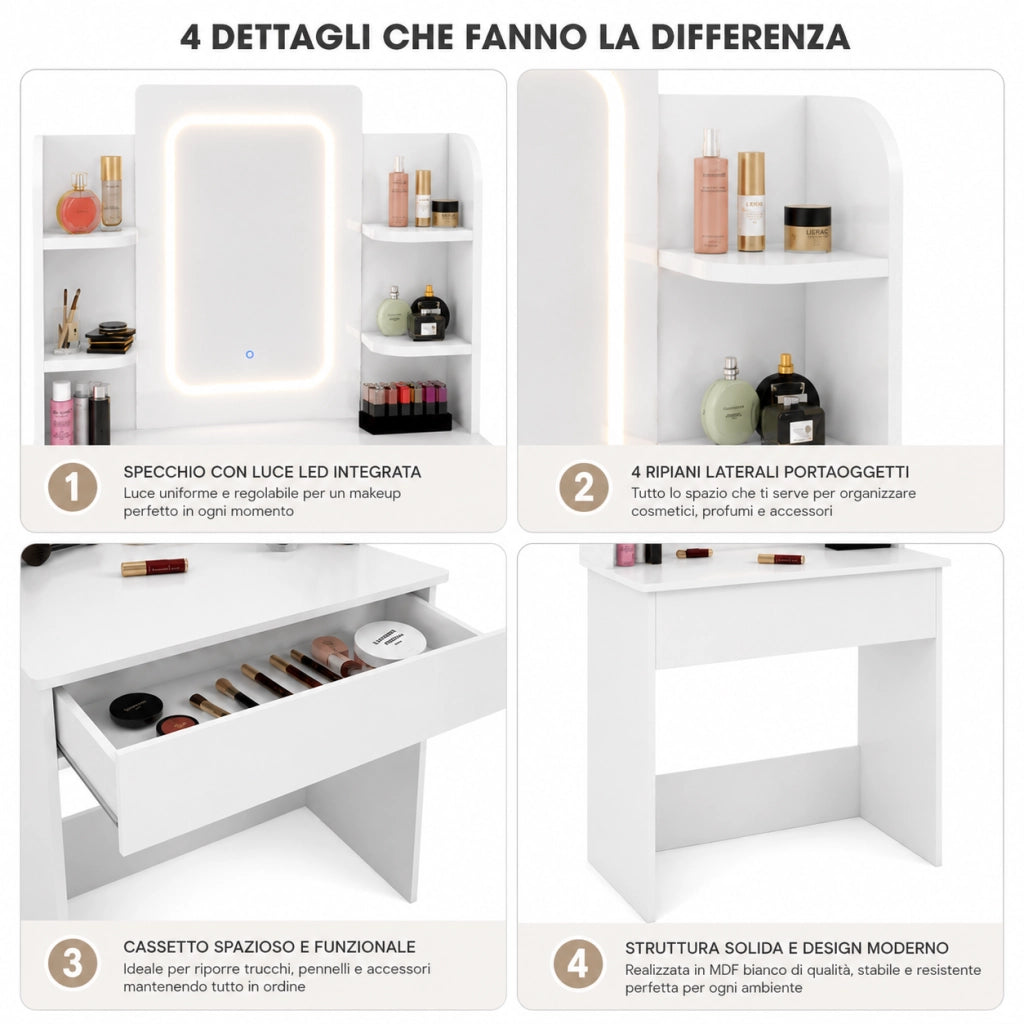 Consolle Trucco con Specchio Led Mobile Makeup 85x40 H140 cm 1 Cassetto 4 Ripiani Luce Regolabile Usb Bianco