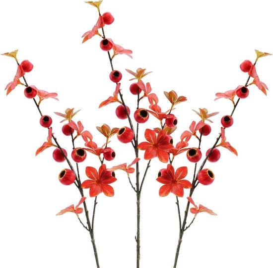 Artificiale Rami di Frutta, Set da 3, 84cm - Decorazione per la Casa - Steli di Finto Frutto con Multi Teste - Pomo e Mirtile - Baccelli e Foglie Realistici per Vaso - Decorazione Accogliente