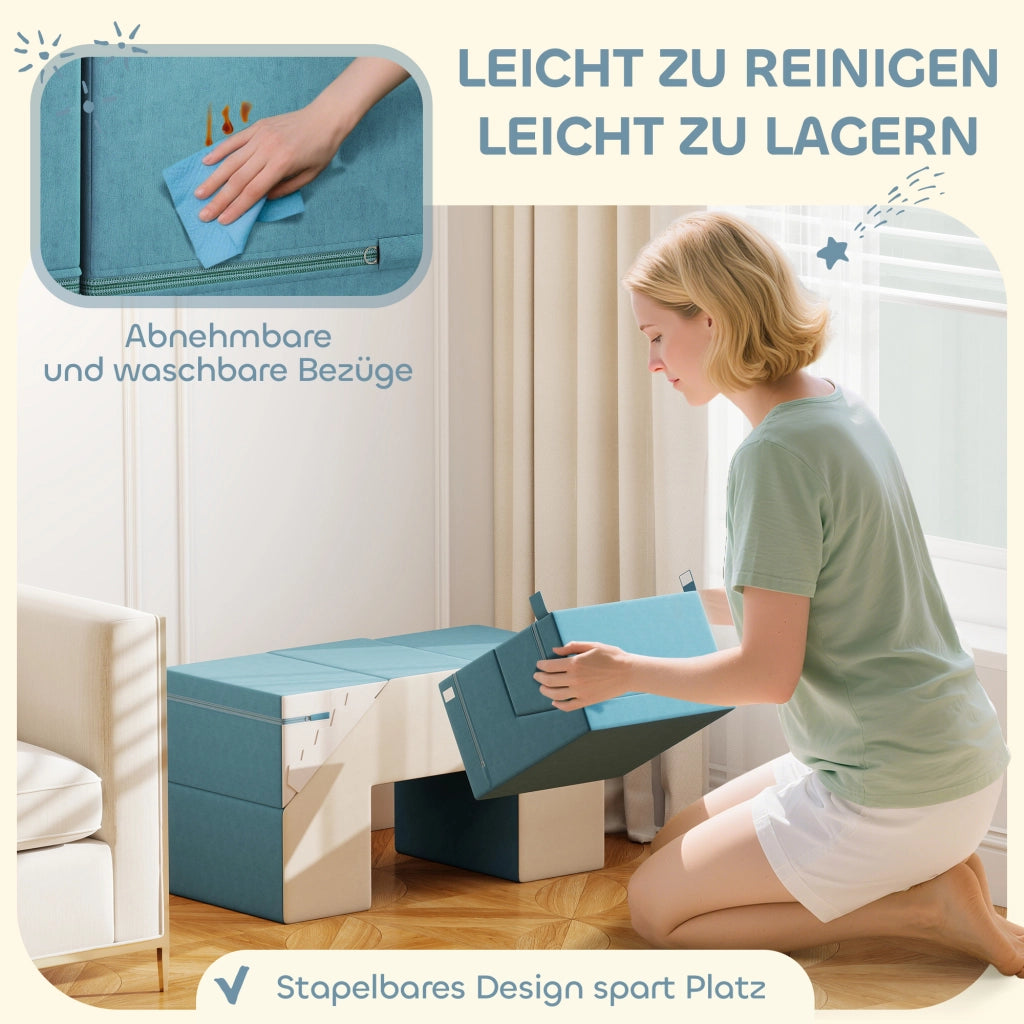 Set 2 Pezzi Blocchi da Gioco Morbidi per Bambini in Ecopelle e Gommapiuma Modulari Beige e Blu Multifunzionale per Casa