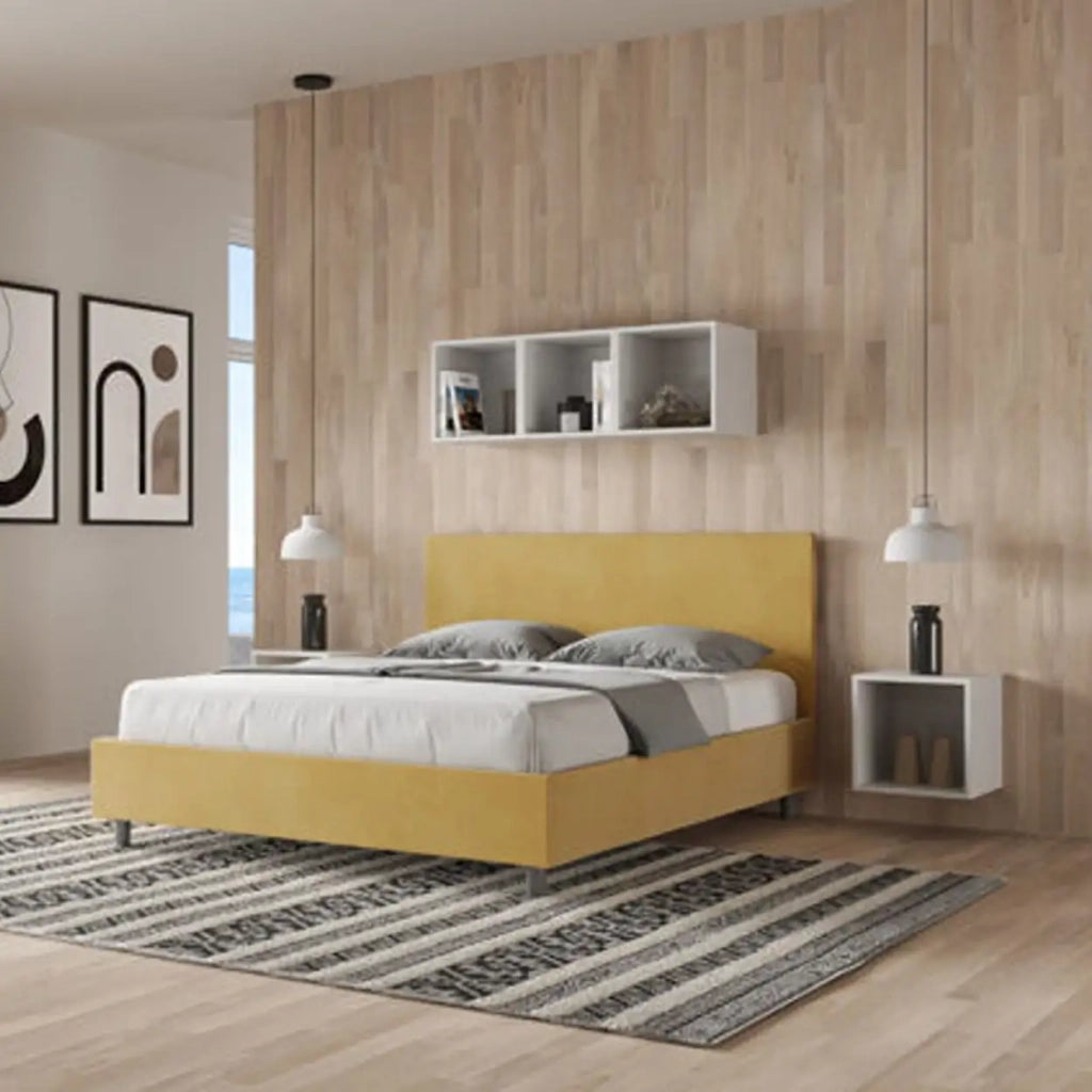 Letto matrimoniale senza rete imbottito 160x190 microfibra ocra Adele