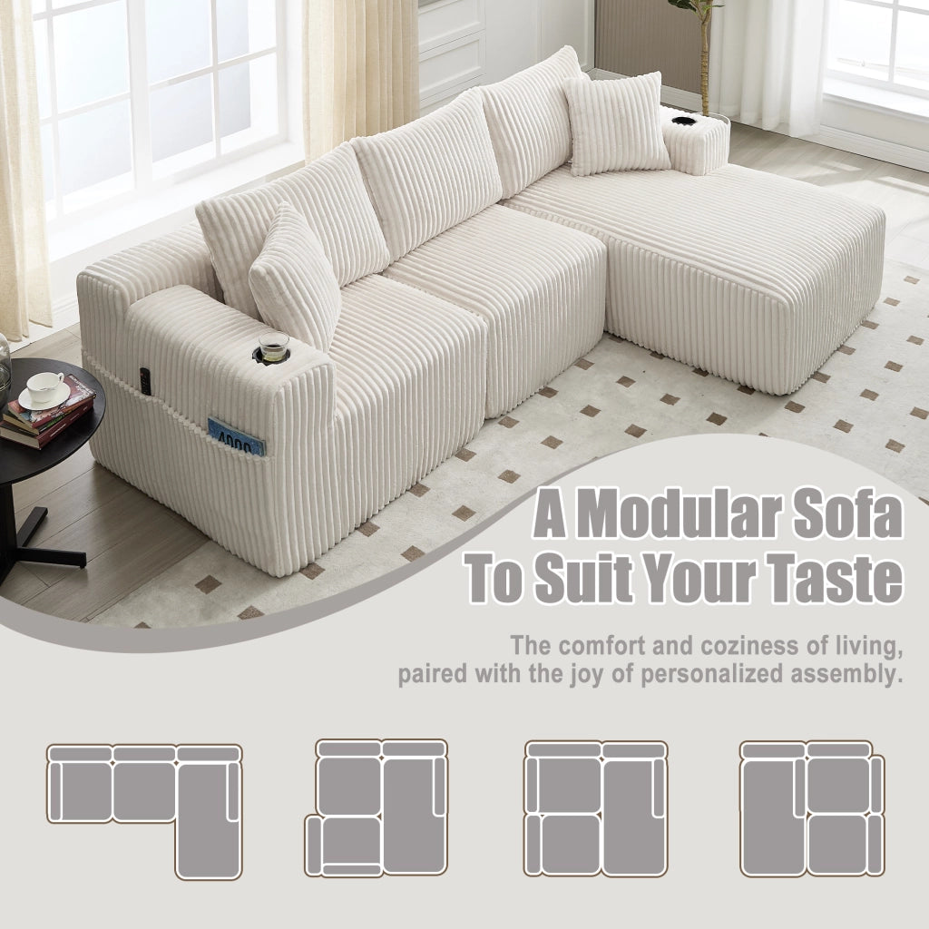 Divano Modulare con Chaise Longue, Tasche Laterali, Portabicchieri e 5 Cuscini, in Velluto a Coste Beige