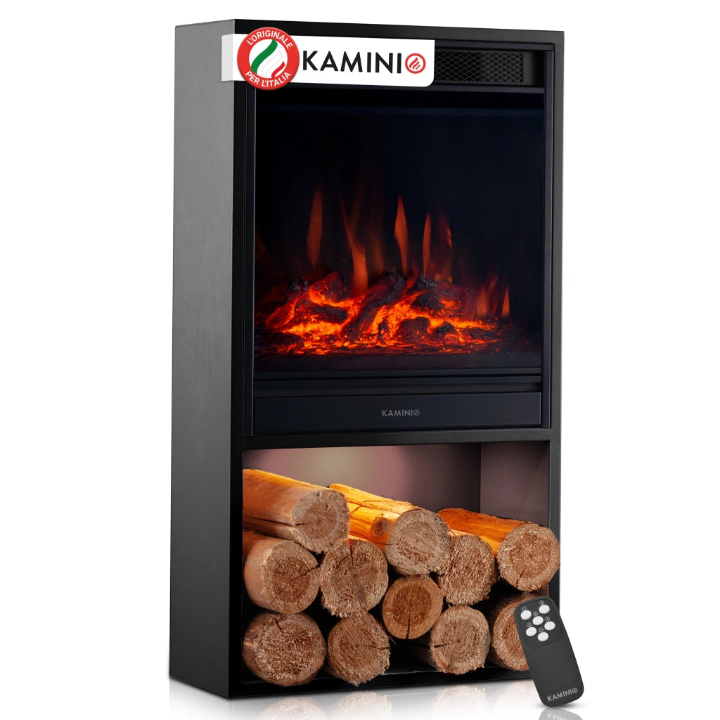 KAMINIO Camino elettrico HUGO - Stufa elettrica con riscaldamento, effetto fiamma 3D, luce ambiente a LED, scomparto de legno, telecomando - Nero