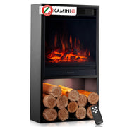 KAMINIO Camino elettrico HUGO - Stufa elettrica con riscaldamento, effetto fiamma 3D, luce ambiente a LED, scomparto de legno, telecomando - Nero