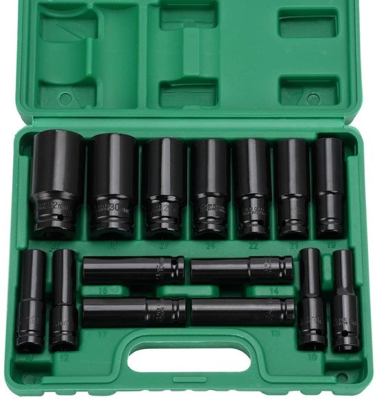 Set di chiavi a doppiella 15 pezzi - 1/2 pollice - 8-32 mm Set di doppi - Per la riparazione degli autoveicoli/Cambio gomme - Facile da maneggiare - Dimensioni 27*22*6 cm - Set di chiavi a doppiella