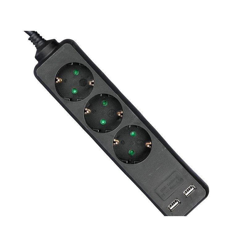 Multipresa Ciabatta Elettrica Con 2 USB e 3 Posti Schuko 10A Cavo Lunga 5 Metri Colore Nero 3X1.5 mmq SKU-8777