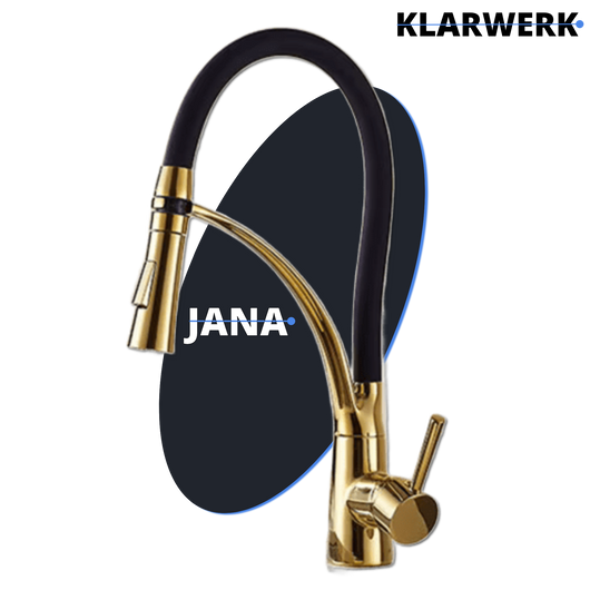 JANA | Rubinetto cucina girevole flessibile in acciaio inox oro lucido|Rubinetto miscelatore arco alto|Rubinetto alta pressione 360° 2 attacchi gastro
