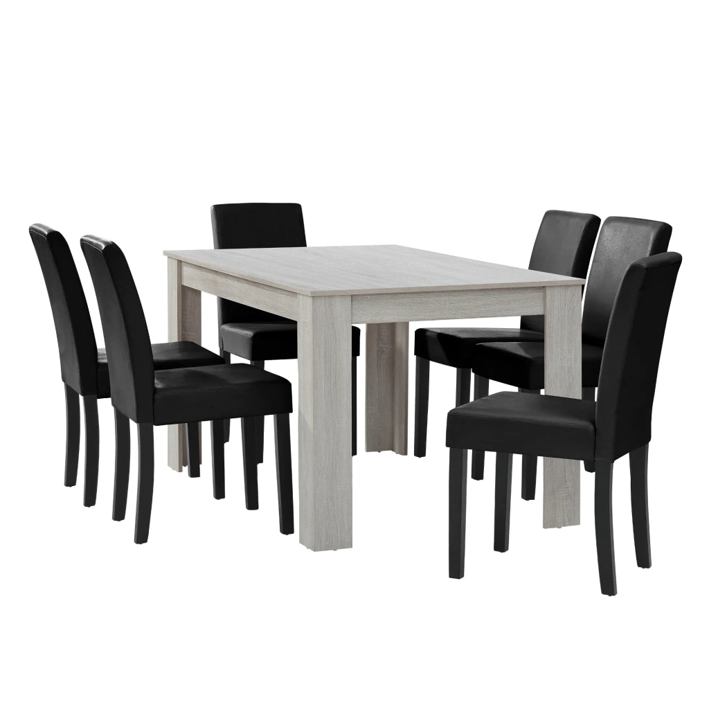 Tavolo da pranzo in rovere bianco con 6 sedie rivestite in similpelle nera 140x90 cm 03_0004042