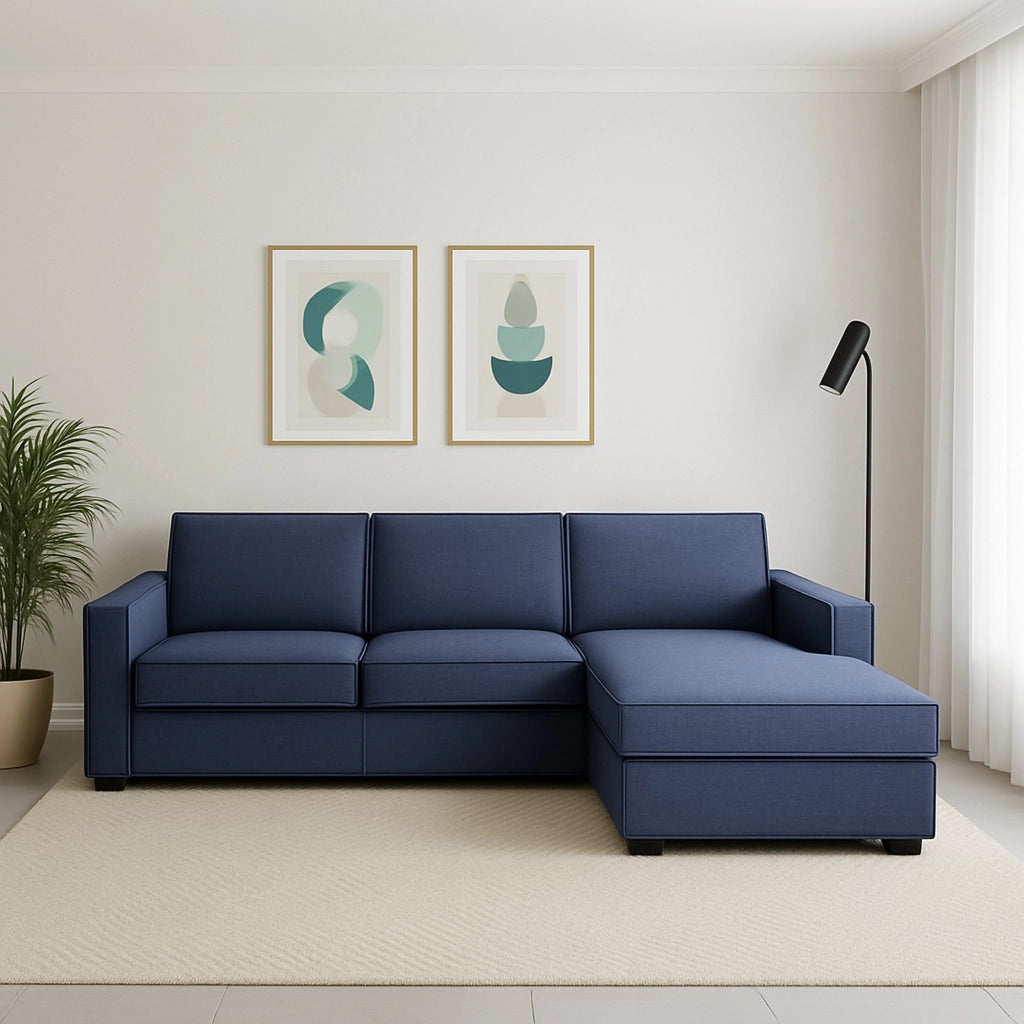 Assobasso, Divano Fisso con Penisola Sfoderabile Made in Italy, 260x95 cm blu