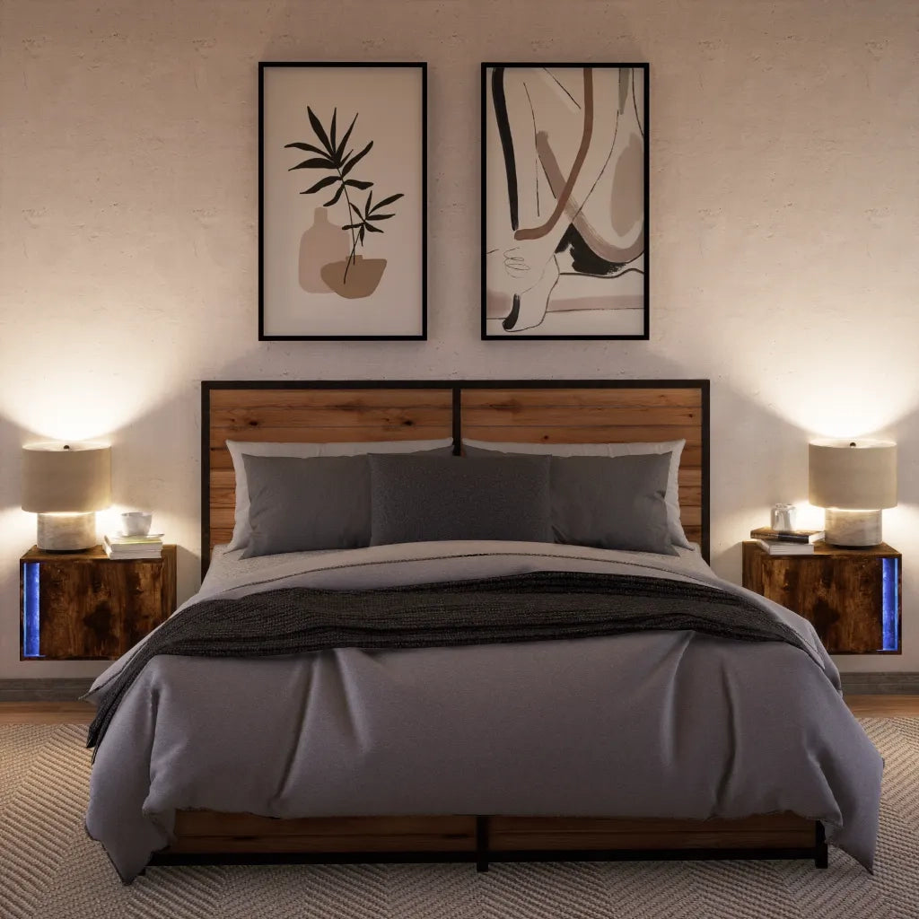 Set di 2 Comodini | Armadio da Notte | Mobiletto da notte a Parete con luci LED Rovere Fumo
