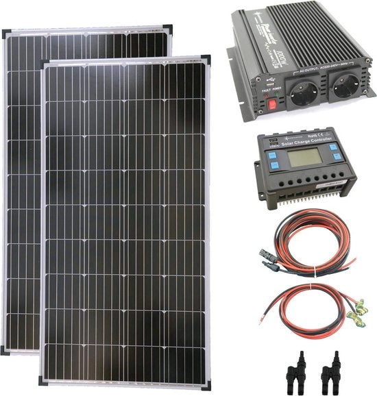 2 x pannelli solari da 130W, trasformatore e regolatore di carica da 1000W