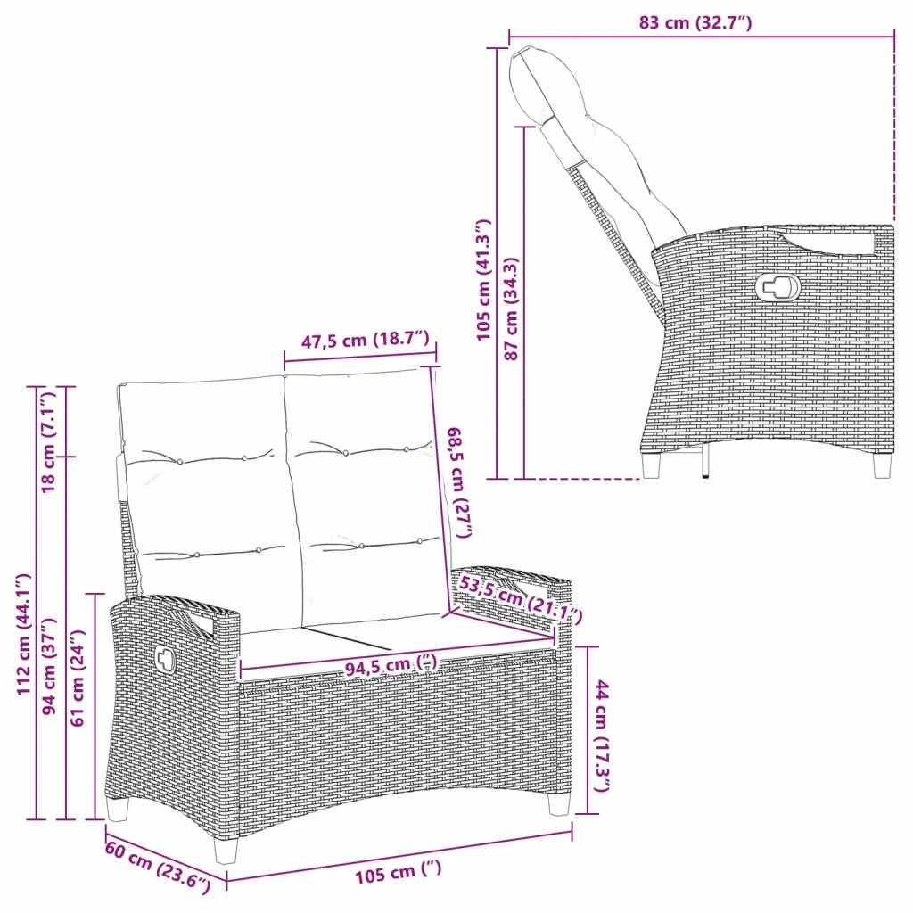 Panchina da giardino con cuscino Nero e Crema 105 x 60 x 112 cm