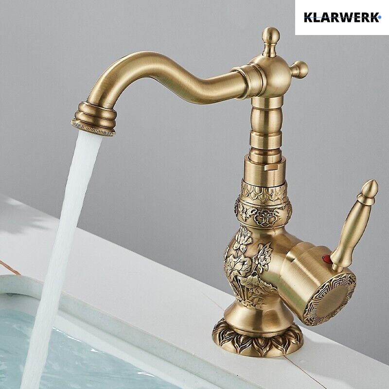 JULIAN | Rubinetto da bagno alto vintage in ottone dorato | Miscelatore retrò in acciaio inox per lavabo freestanding | con rubinetto gastronomico