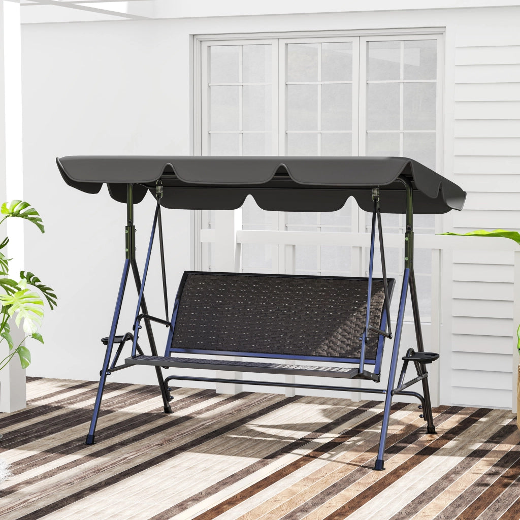 Dondolo da Giardino 3 Posti 204x112x150 cm con Tettuccio e Portabicchieri in Rattan PE e Acciaio Grigio