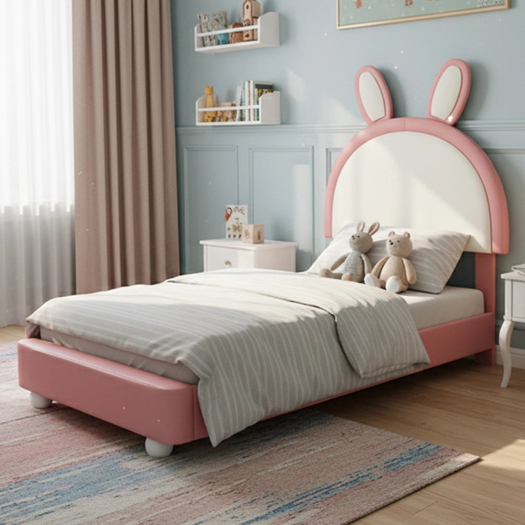 Letto per bambini 90 × 200 cm con testiera a coniglio, LED, bordo anticolpo morbido, senza materasso, rosa
