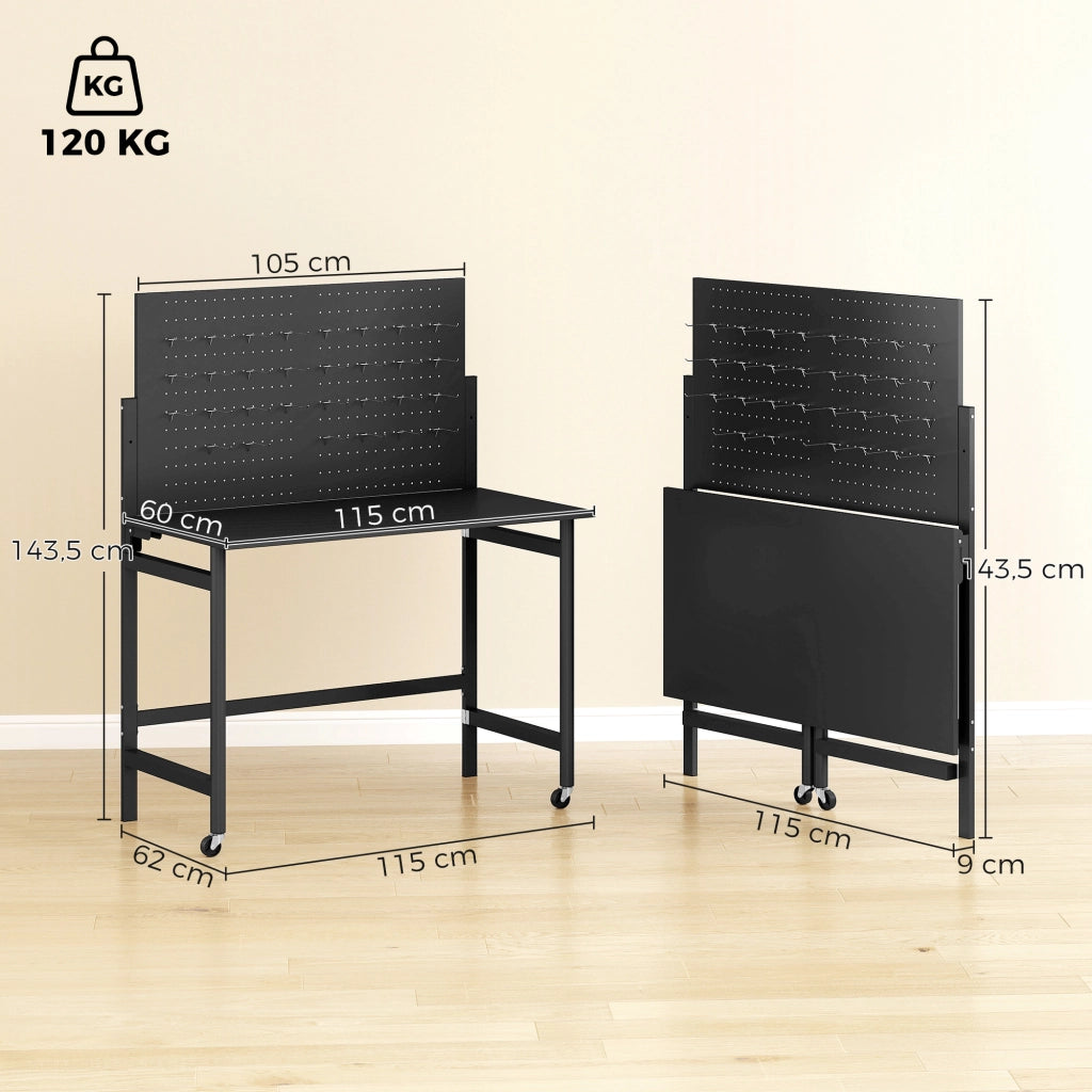 Tavolo da lavoro pieghevole con ruote ¨C zephmum ¨C nero 115x62x143,5cm