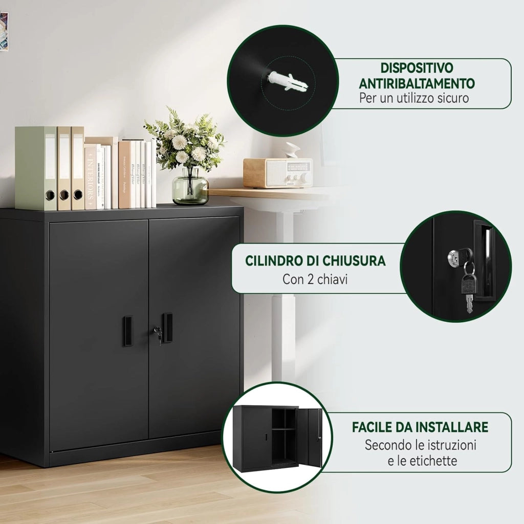Armadio per Archiviazione con Serratura e Ripiano Regolabile in Altezza, Armadio Multiuso per Ufficio in Metallo, Nero, L90xH92xP40 cm, ASK12sz
