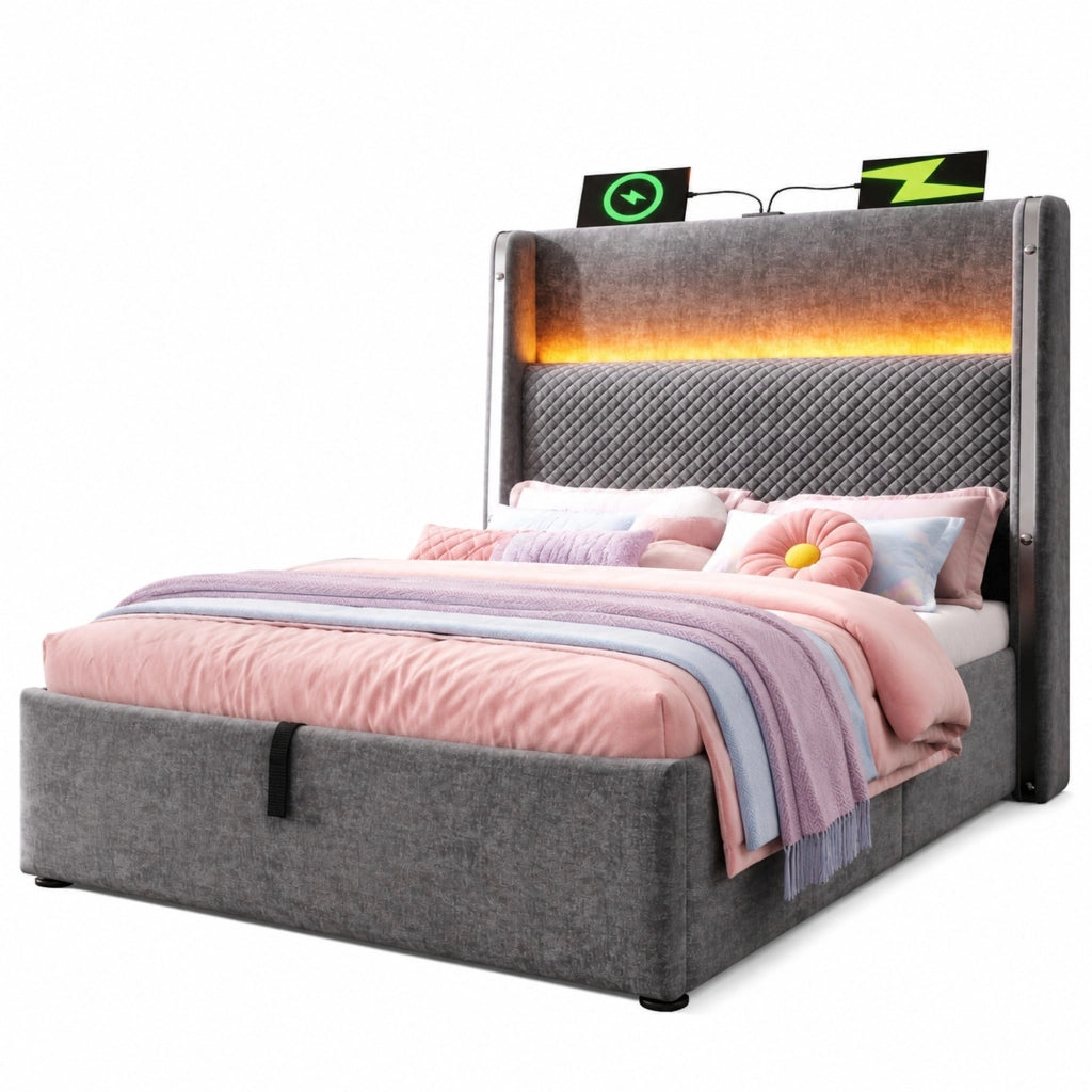 Letto singolo 90x200 cm con testiera alta, LED, vano contenitore e prese USB/Type-C, grigio