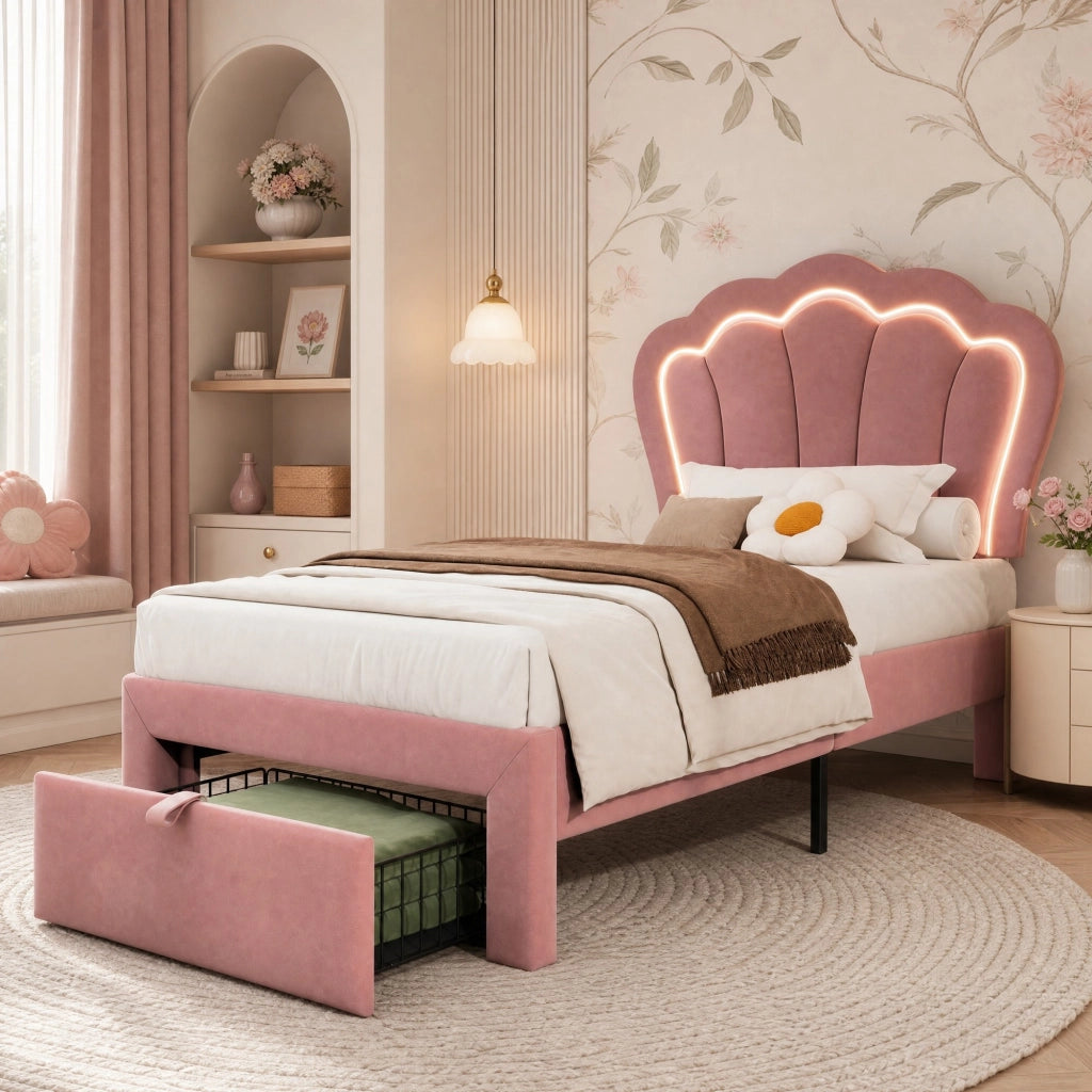 DESMIU Letto singolo 90 × 200 cm con cassetto, LED RGB e testiera regolabile, senza materasso, velluto rosa